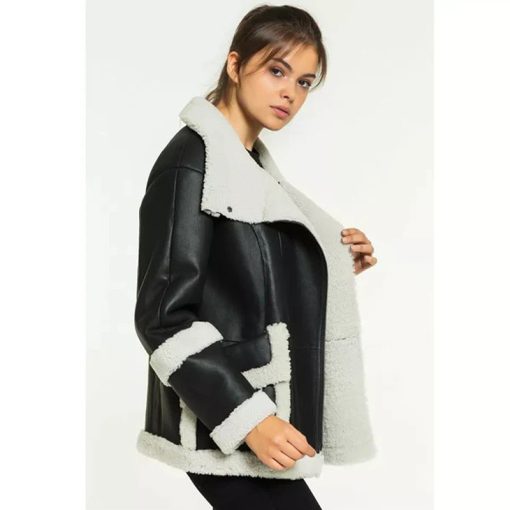 Women’s Black Leather White Shearling Coat - Image 3