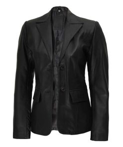 Women's Two Button Black Leather Blazer Jacket