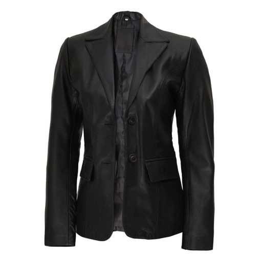 Women's Two Button Black Leather Blazer Jacket