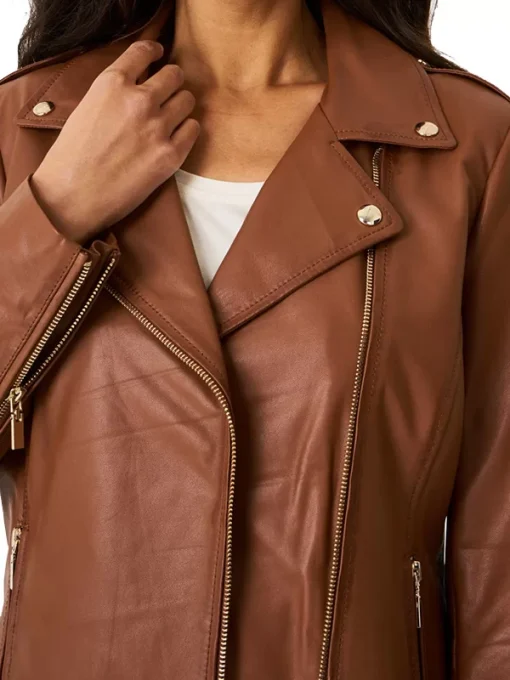 Women's Brown Leather Motorcycle Jacket - Image 2