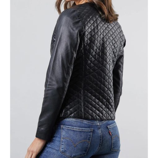 Women's Quilted Black Leather Jacket - Image 2