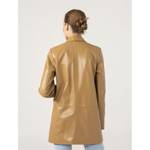 Women's Sand Double Breasted Leather Blazer - Image 3