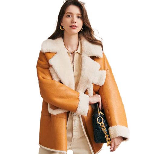 Womens Shearling Sheepskin Aviator Coat