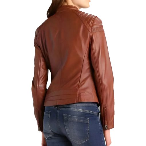 Women's Cognac Slim Fit Brown Leather Jacket - Image 2