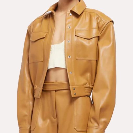 Women's Tan Brown Bomber Leather Jacket - Image 2