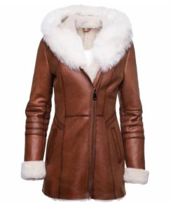 Womens Tan Leather Coat with Fur Hooded