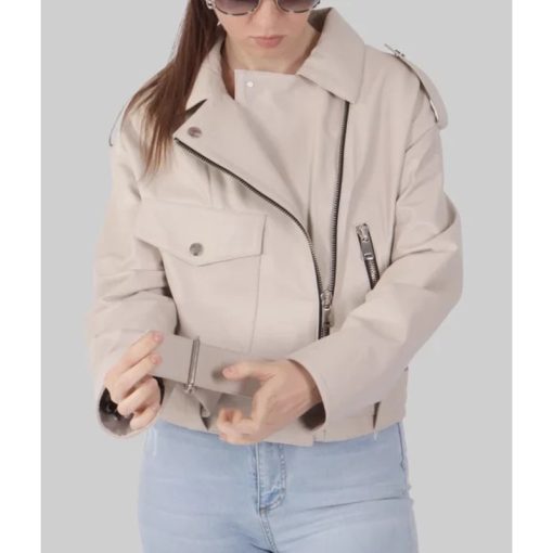 Zenda Women's Cream Biker Leather Jacket - Image 3