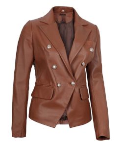 Women's Double Breasted Brown Leather Blazer Jacket