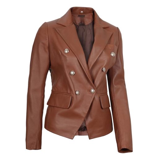 Women's Double Breasted Brown Leather Blazer Jacket