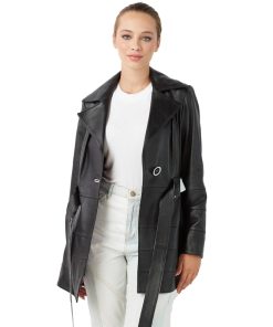Women’s Real Black Leather Trench Short Coat