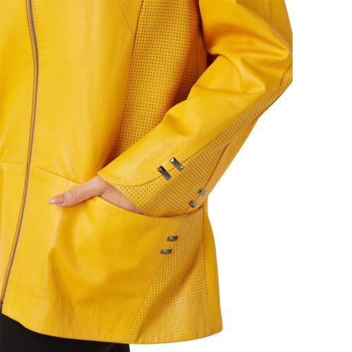 Women’s Real Mustard Yellow Hooded Leather Coat - Image 7