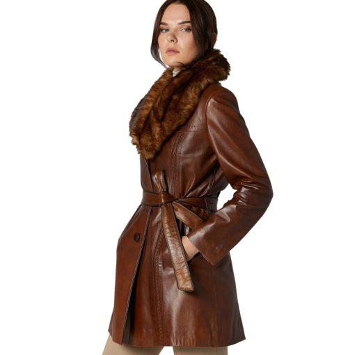 Women’s Real Brown Leather Long Trench Coat - Image 3