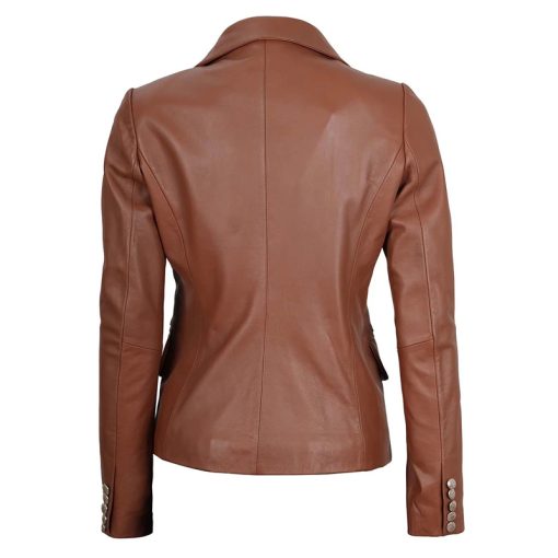 Women's Double Breasted Brown Leather Blazer Jacket