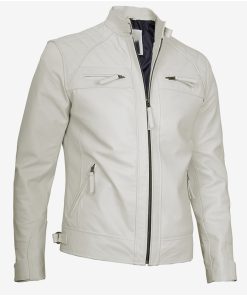 Mens Quilted Shoulder Off White Leather Jacket