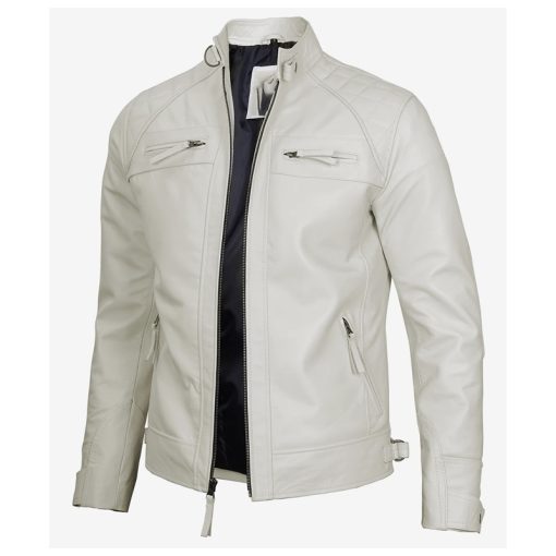 Mens Quilted Shoulder Off White Leather Jacket