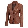 Women's Double Breasted Brown Leather Blazer Jacket