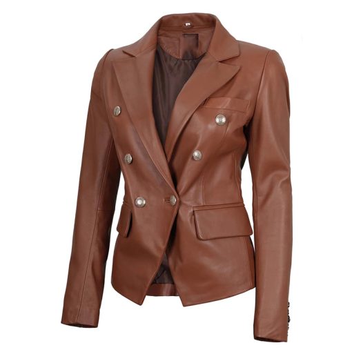 Women's Double Breasted Brown Leather Blazer Jacket