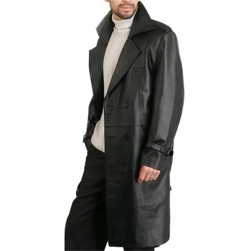Men's Belted Double Breasted Black Leather Trench Coat
