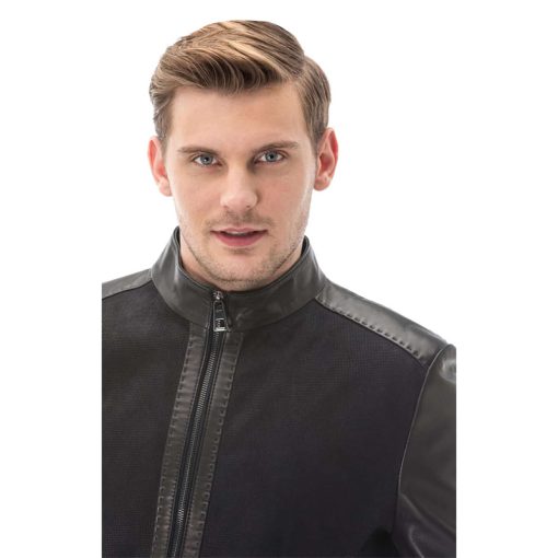 Men’s Real Navy Blue Leather Printed Jacket - Image 3