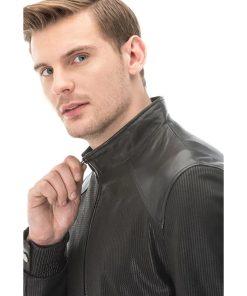 Men’s Real Black Leather Square Printed Vegetal Jacket