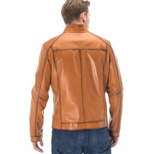 Men’s Real Light Brown Leather Black out Jacket - Image 4
