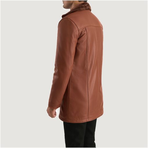 Men's Cinnamon Brown Leather Fur Lined Coat - Image 5
