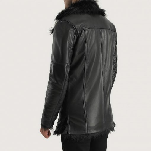 Furcliff Black Leather Coat With Fur Collar - Image 5
