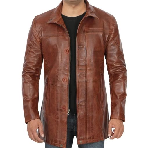 Men's Vintage Cognac Leather Car Coat