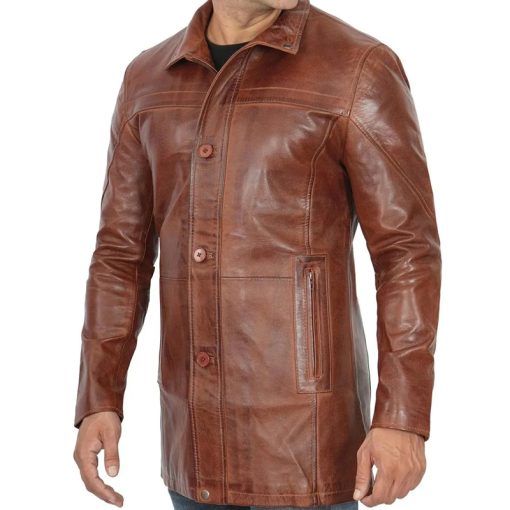 Men's Vintage Cognac Leather Car Coat
