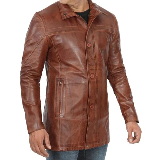 Men's Vintage Cognac Leather Car Coat