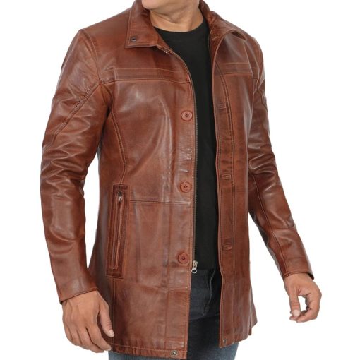 Men's Vintage Cognac Leather Car Coat