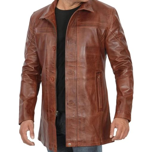 Men's Vintage Cognac Leather Car Coat