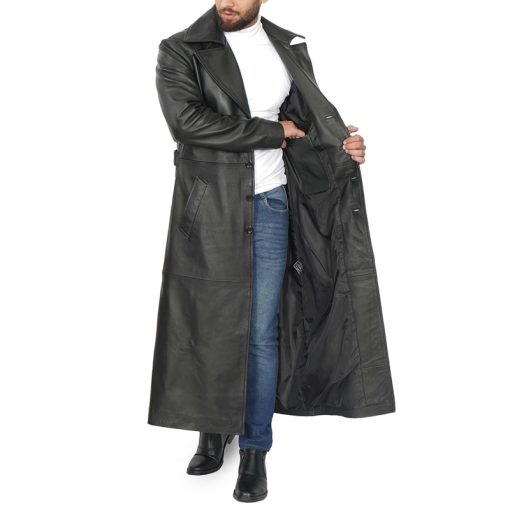 Men's Black Leather Long Duster Coat - Image 8