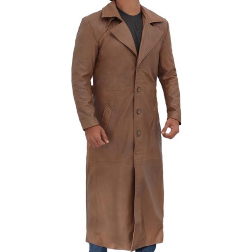 Men's Brown Leather Long Duster Coat - Image 4