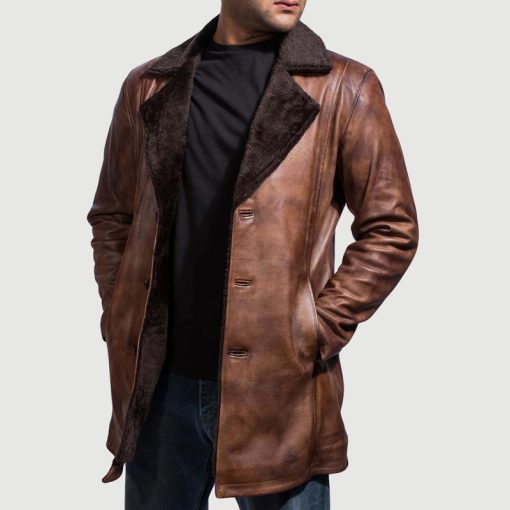 Men's Cinnamon Distressed Leather Fur Coat - Image 6