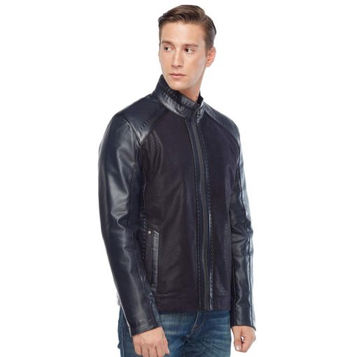 Men’s Real Black Leather Laser Pyramid Design Jacket - Image 11