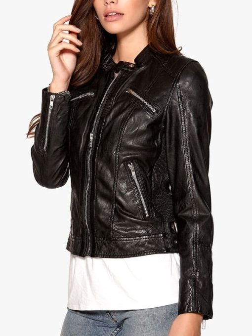 Women's Fashion Designer Leather Biker Jacket Black - Image 2