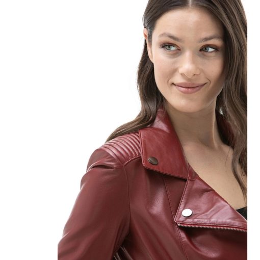 Women’s Real Dark Red Leather Biker Jacket - Image 5