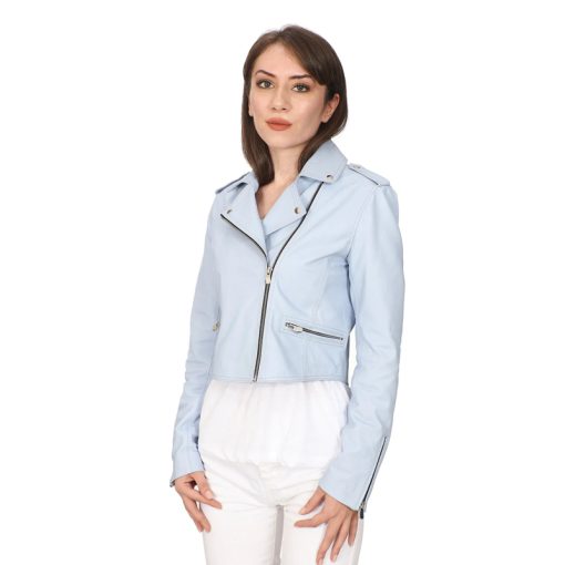 Women’s Real Ice Blue Leather Biker Jacket - Image 5