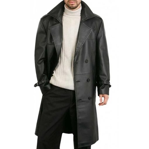Men's Belted Double Breasted Black Leather Trench Coat