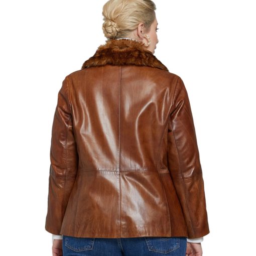 Women’s Real Brown Leather Fur Collar Jacket
