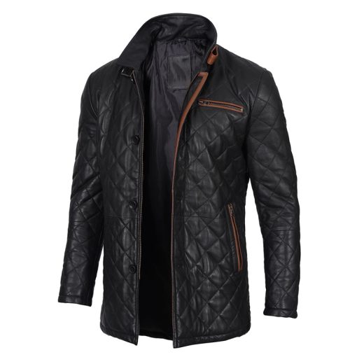 Glen Men's Black Diamond Quilted Leather Car Coat - Image 6