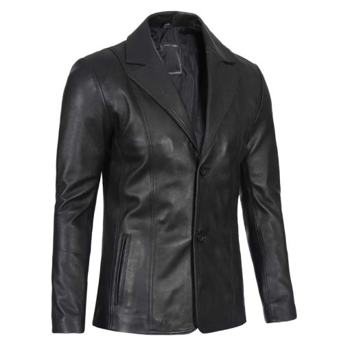 Men's Two Button Black Leather Blazer