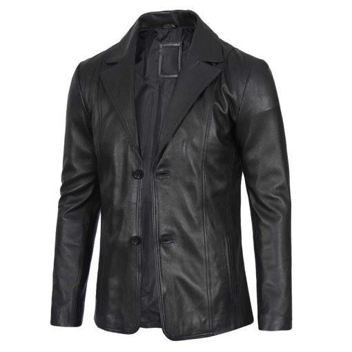 Men's Black Two Button Lambskin Leather Blazer - Image 4