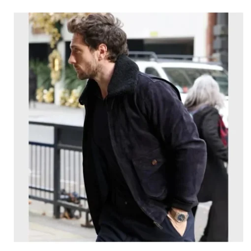 Aaron Taylor-Johnson Blue Suede Shearling Aviator Bomber Jacket side
