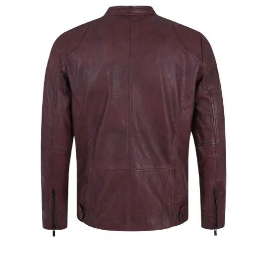 Men's Burgundy Leather Biker Jacket - Image 2