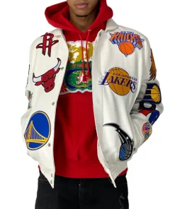 NBA COLLAGE VEGAN LEATHER JACKET White
