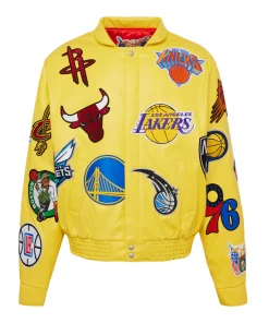 NBA COLLAGE VEGAN LEATHER JACKET Yellow