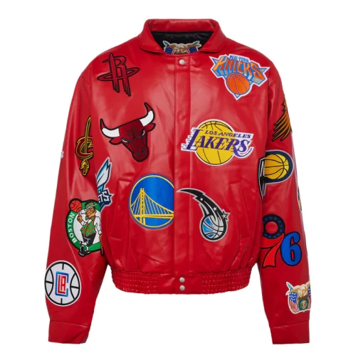 NBA Collage Vegan Leather Red Jacket