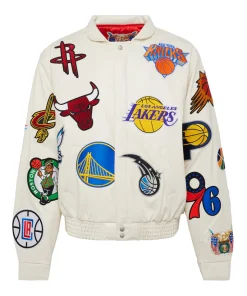Unisex NBA COLLAGE VEGAN LEATHER JACKET White